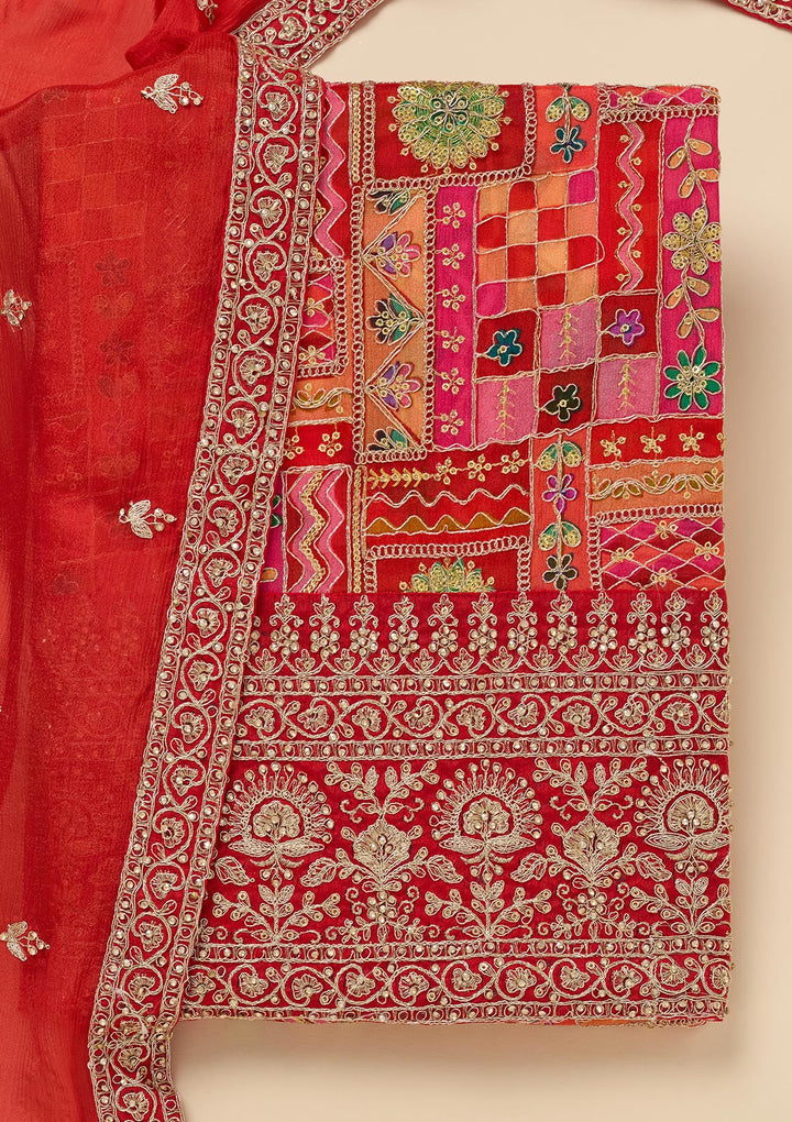 Rani Pink Zariwork Semi Crepe Unstitched Salwar Suit
