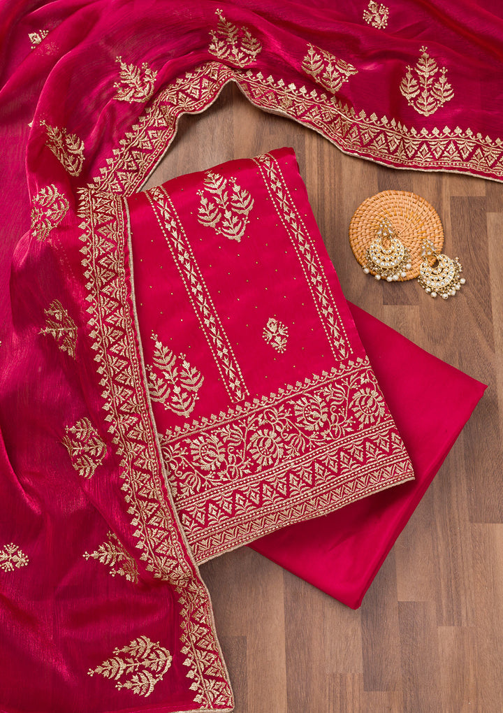 Rani Pink Zariwork Semi Crepe Unstitched Salwar Suit