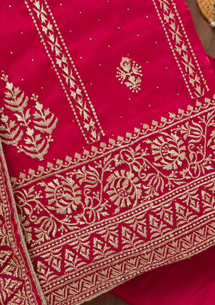 Rani Pink Zariwork Semi Crepe Unstitched Salwar Suit
