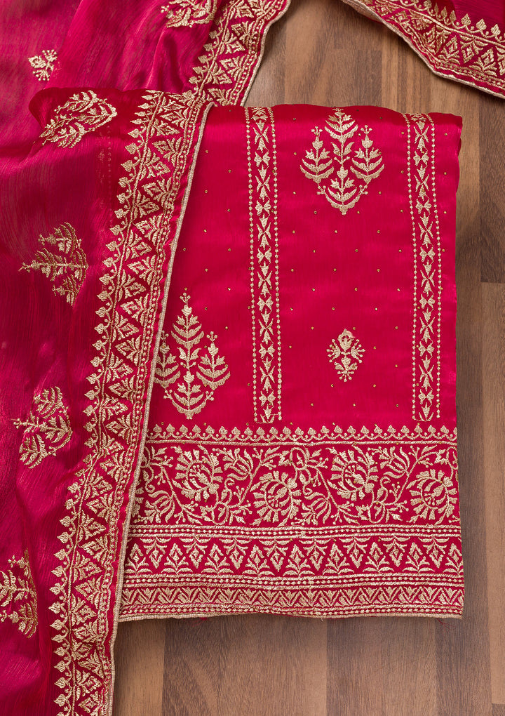 Rani Pink Zariwork Semi Crepe Unstitched Salwar Suit