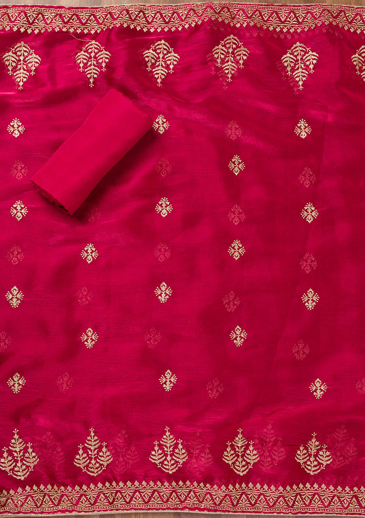 Rani Pink Zariwork Semi Crepe Unstitched Salwar Suit