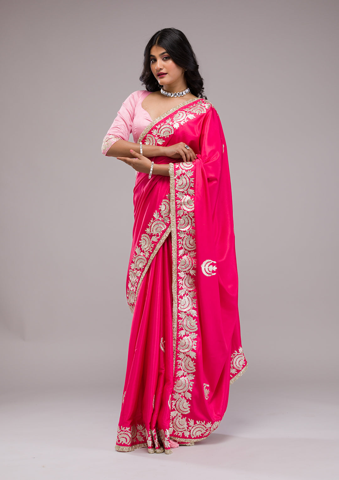 Rani Pink Zariwork Semi Crepe Saree