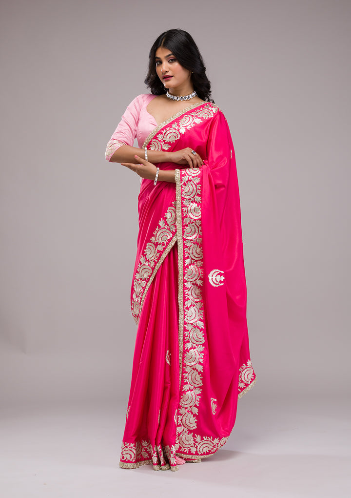 Rani Pink Zariwork Semi Crepe Saree