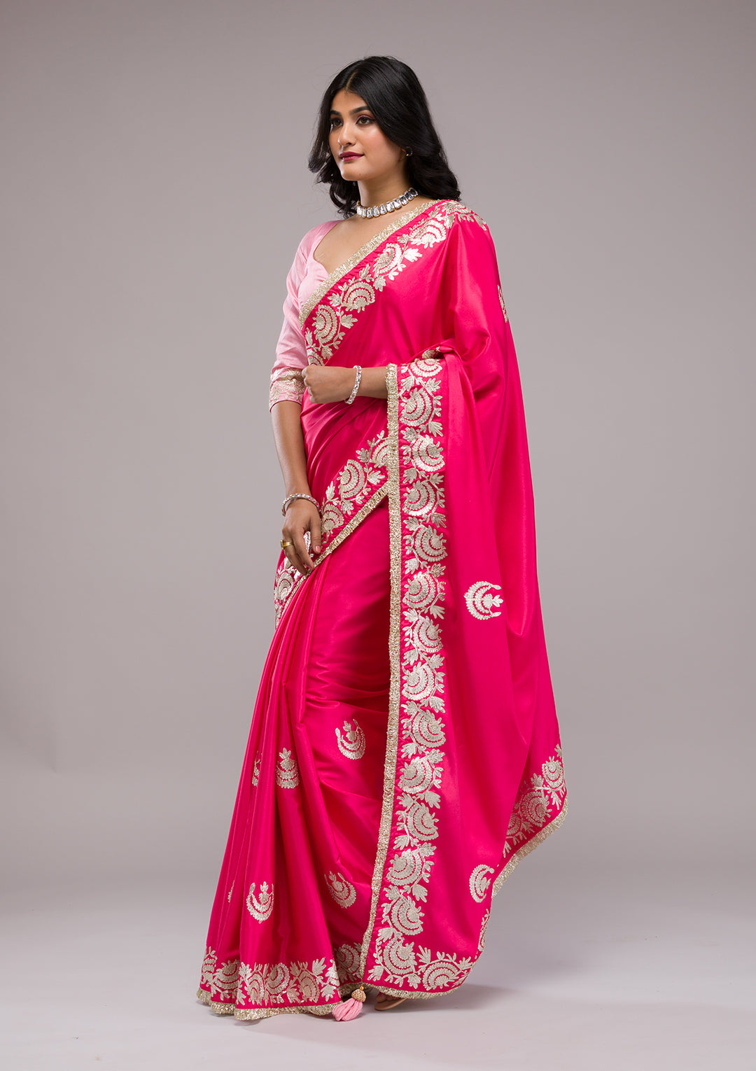 Rani Pink Zariwork Semi Crepe Saree