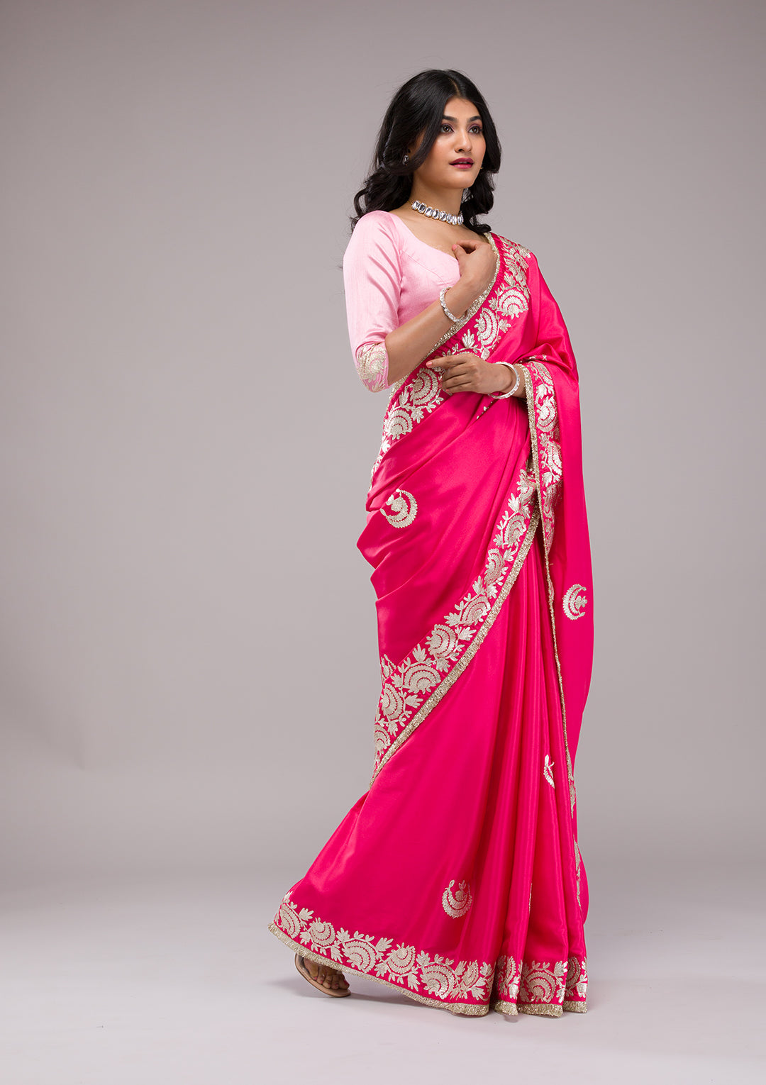 Rani Pink Zariwork Semi Crepe Saree