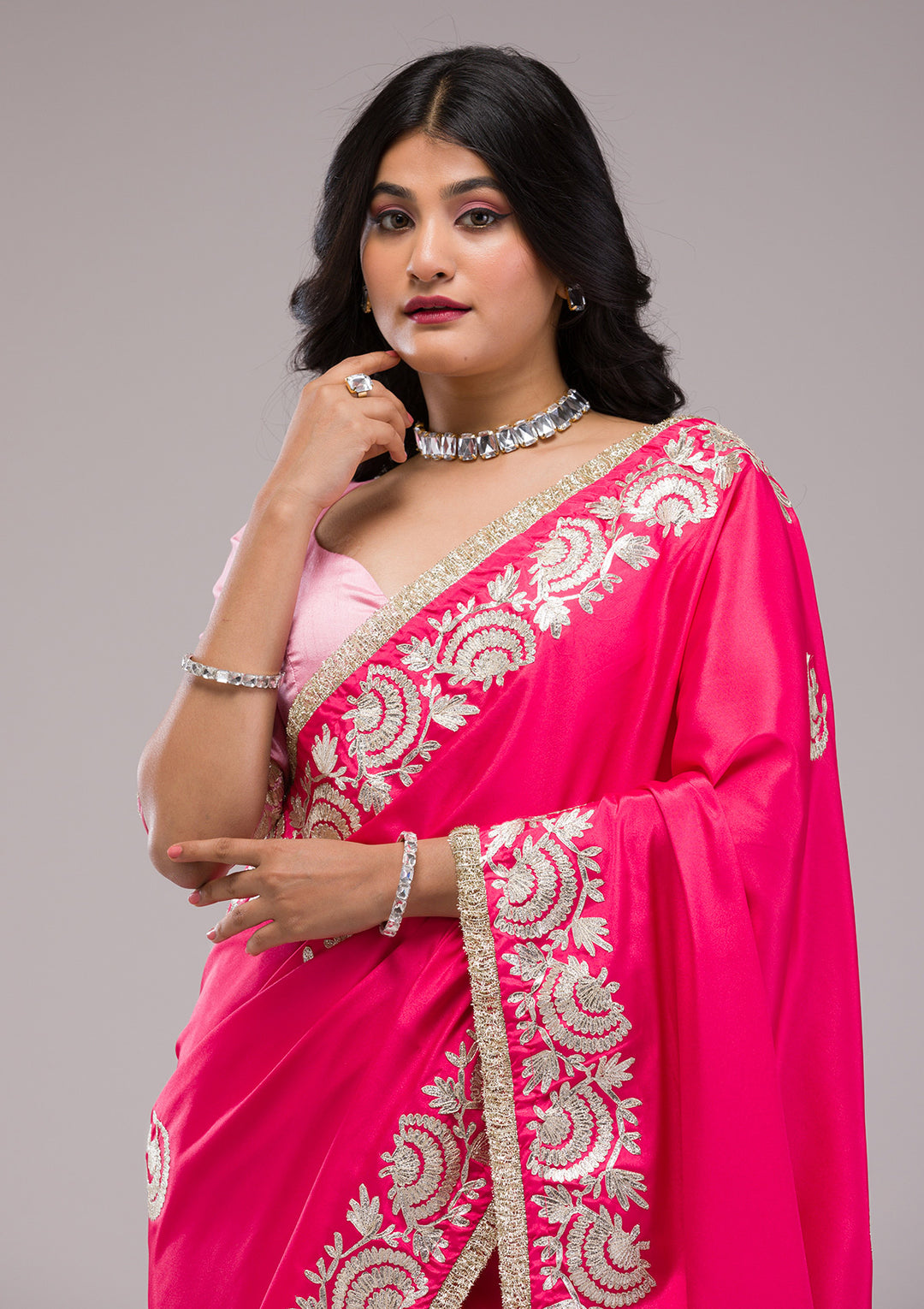 Rani Pink Zariwork Semi Crepe Saree
