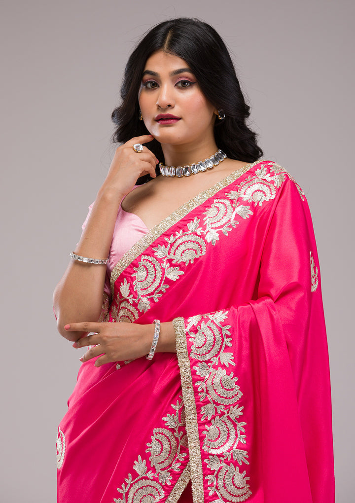 Rani Pink Zariwork Semi Crepe Saree