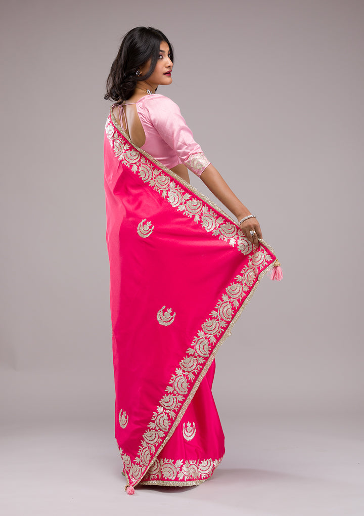 Rani Pink Zariwork Semi Crepe Saree