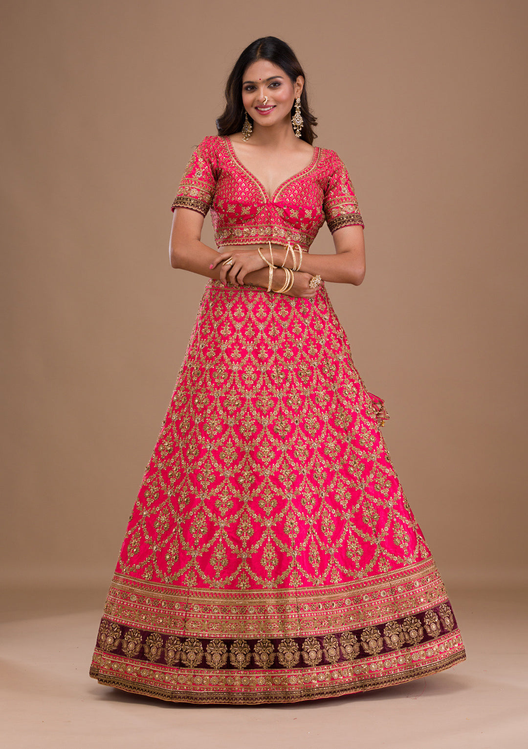 Rani Pink Zariwork Silk Semi Stitched Lehenga