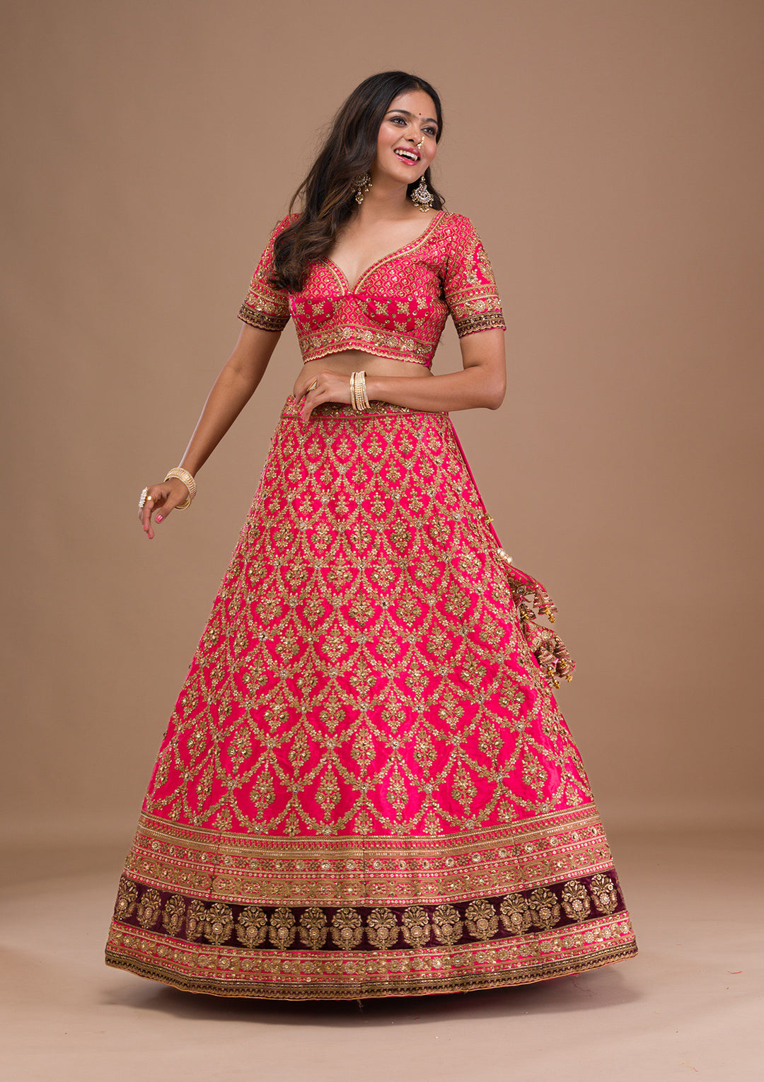Rani Pink Zariwork Silk Semi Stitched Lehenga