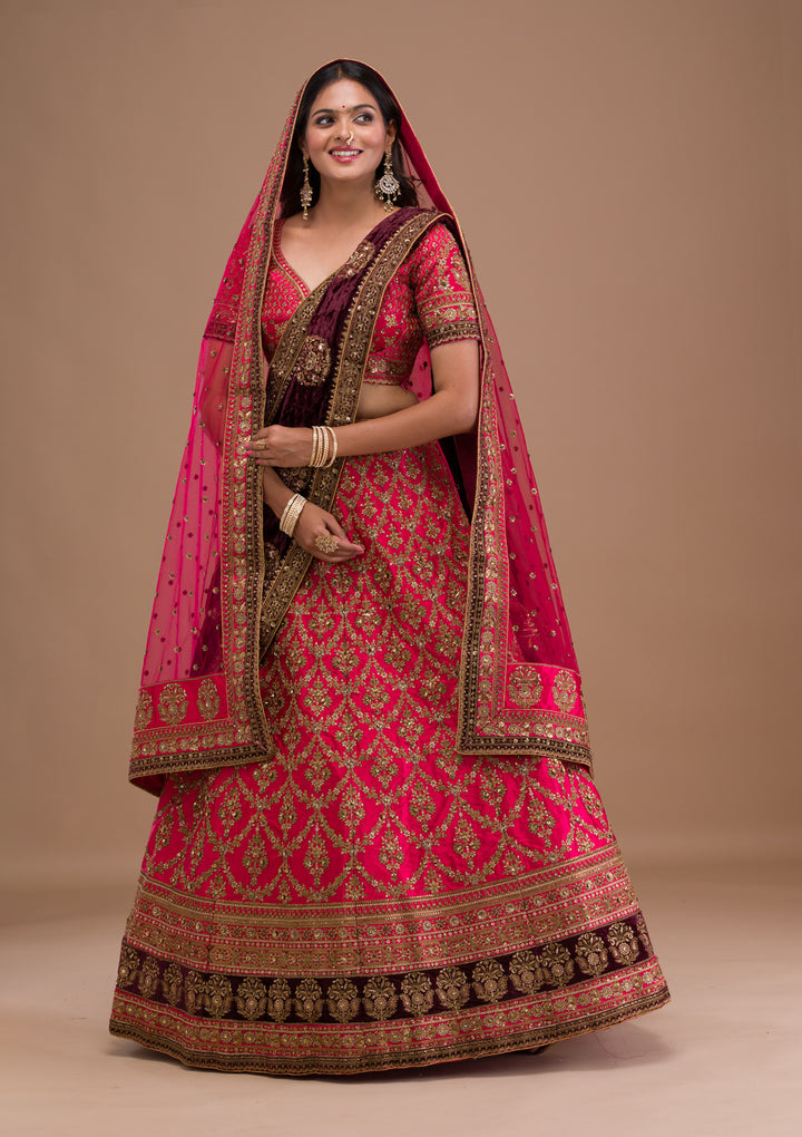 Rani Pink Zariwork Silk Semi Stitched Lehenga