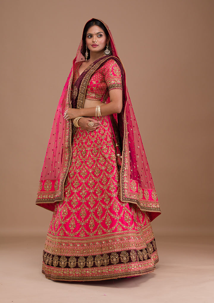 Rani Pink Zariwork Silk Semi Stitched Lehenga