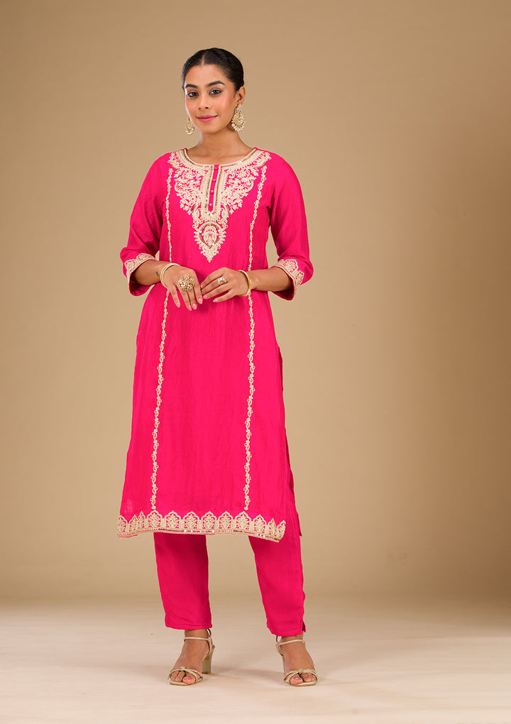 Rani Pink Zariwork Silk Readymade Salwar Suit