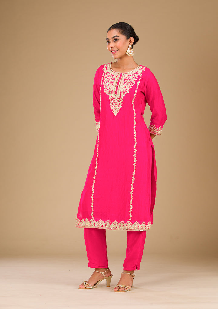 Rani Pink Zariwork Silk Readymade Salwar Suit