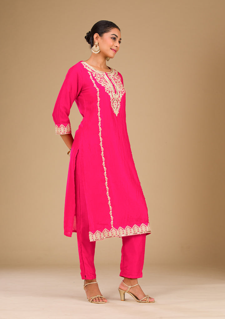 Rani Pink Zariwork Silk Readymade Salwar Suit