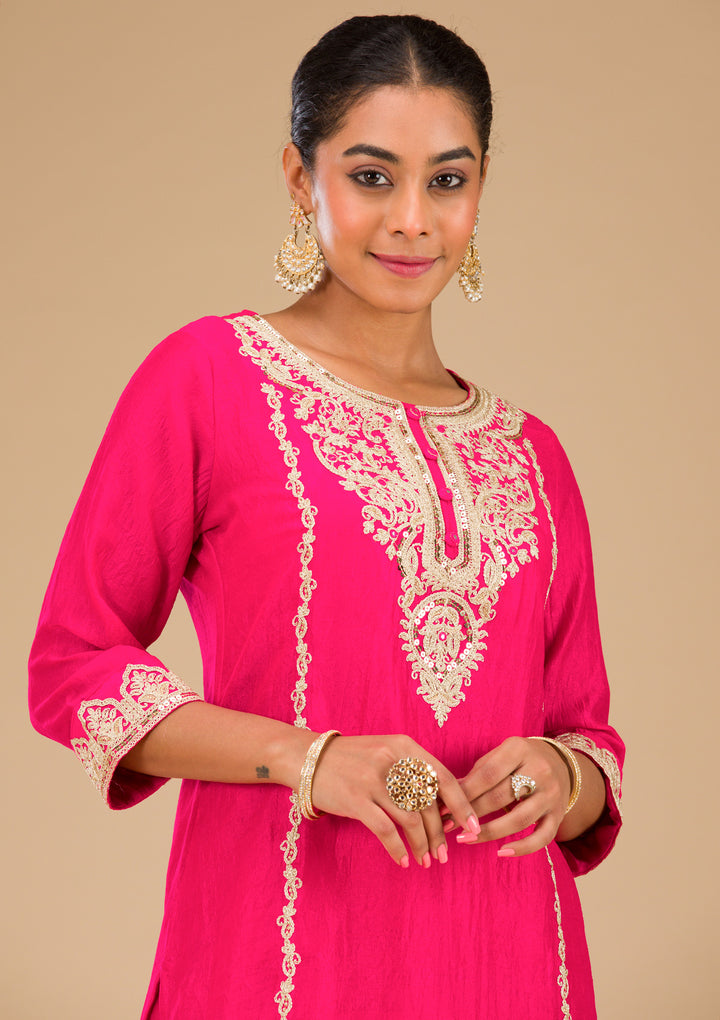 Rani Pink Zariwork Silk Readymade Salwar Suit
