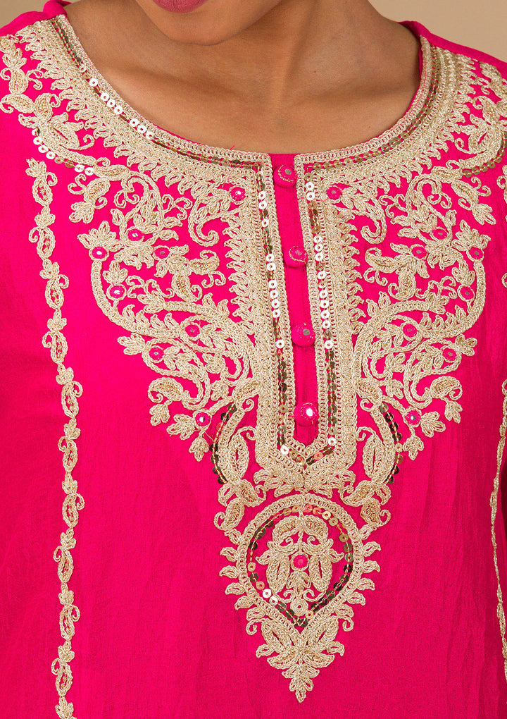 Rani Pink Zariwork Silk Readymade Salwar Suit