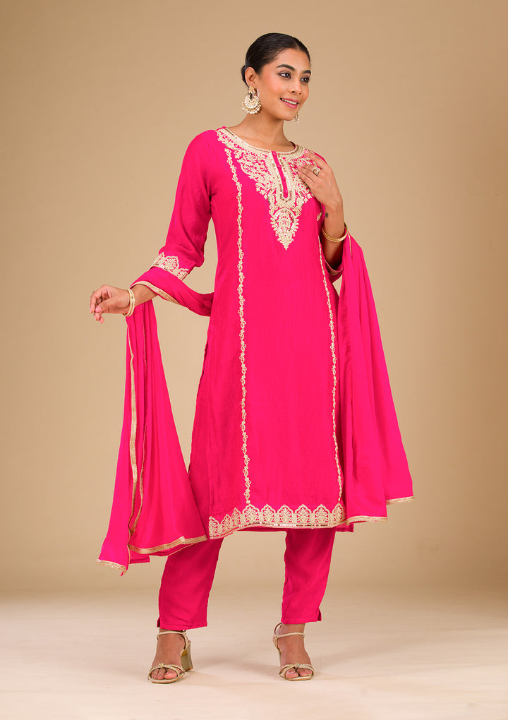 Rani Pink Zariwork Silk Readymade Salwar Suit