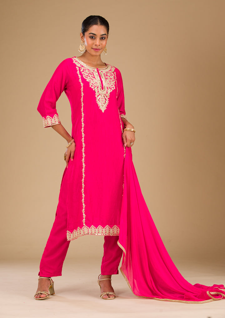 Rani Pink Zariwork Silk Readymade Salwar Suit