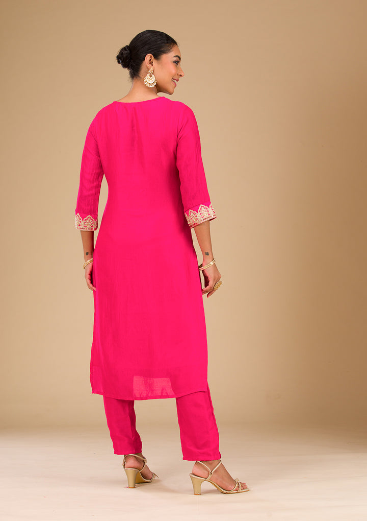 Rani Pink Zariwork Silk Readymade Salwar Suit