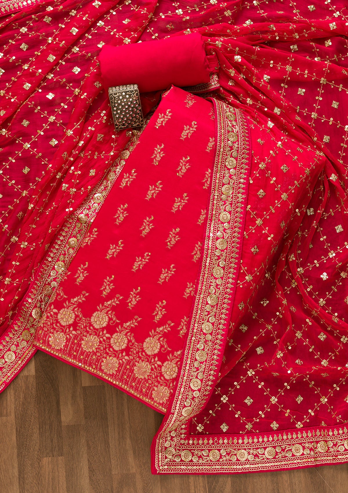 Rani Pink Zariwork Soft Silk Unstitched Salwar Suit-Koskii