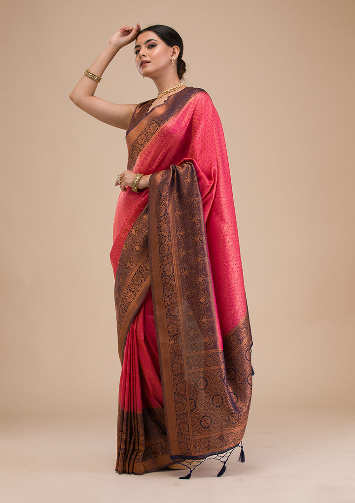 Rani Pink Zariwork Soft Silk Saree