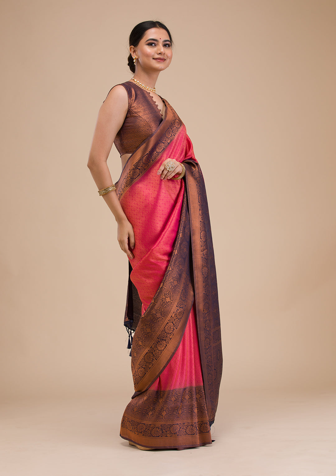 Rani Pink Zariwork Soft Silk Saree