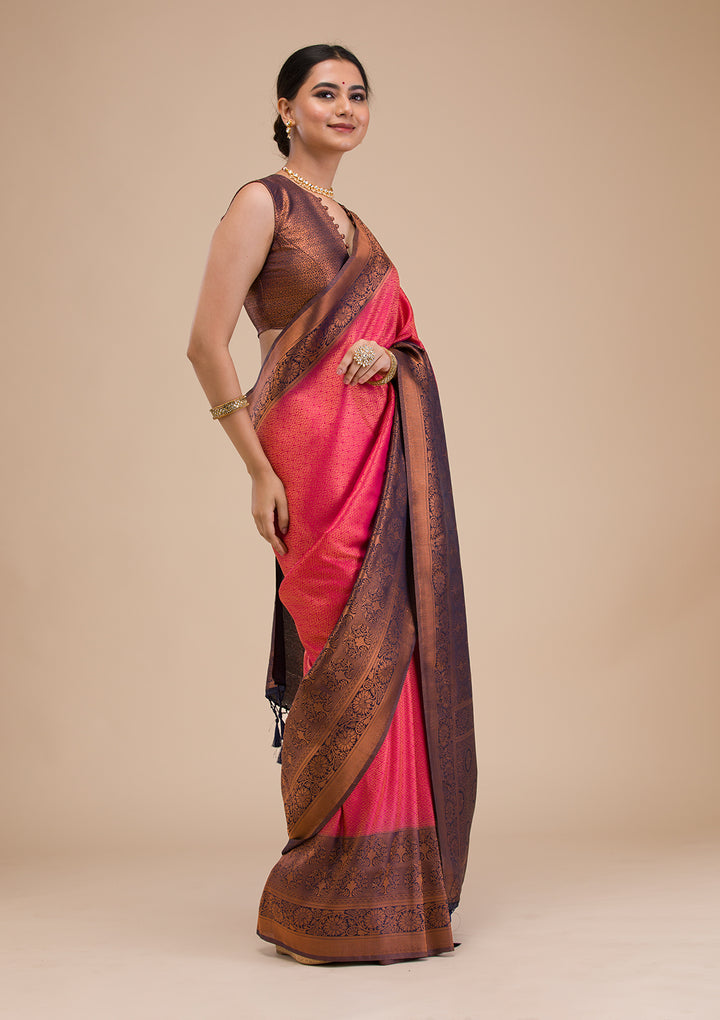 Rani Pink Zariwork Soft Silk Saree