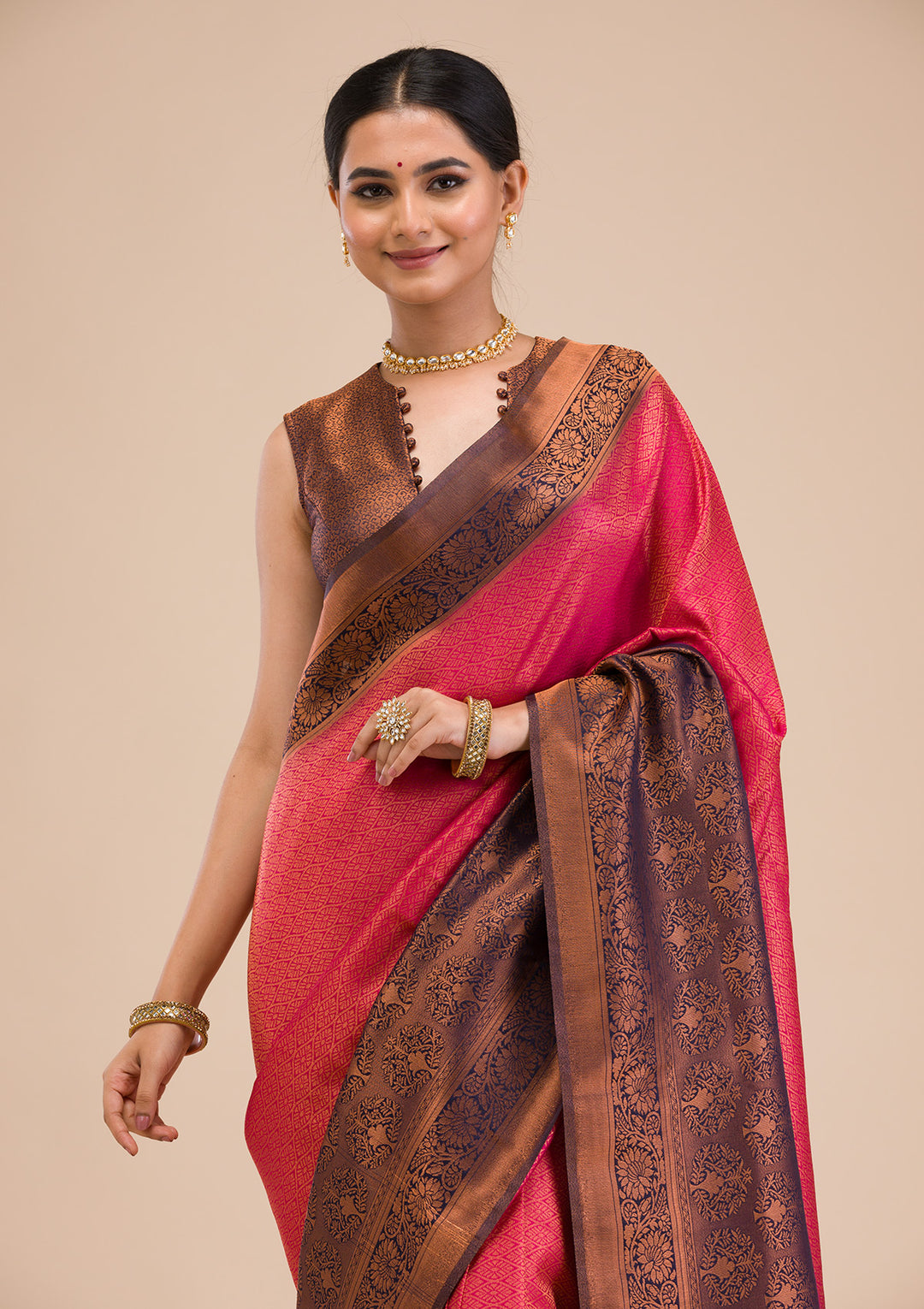 Rani Pink Zariwork Soft Silk Saree