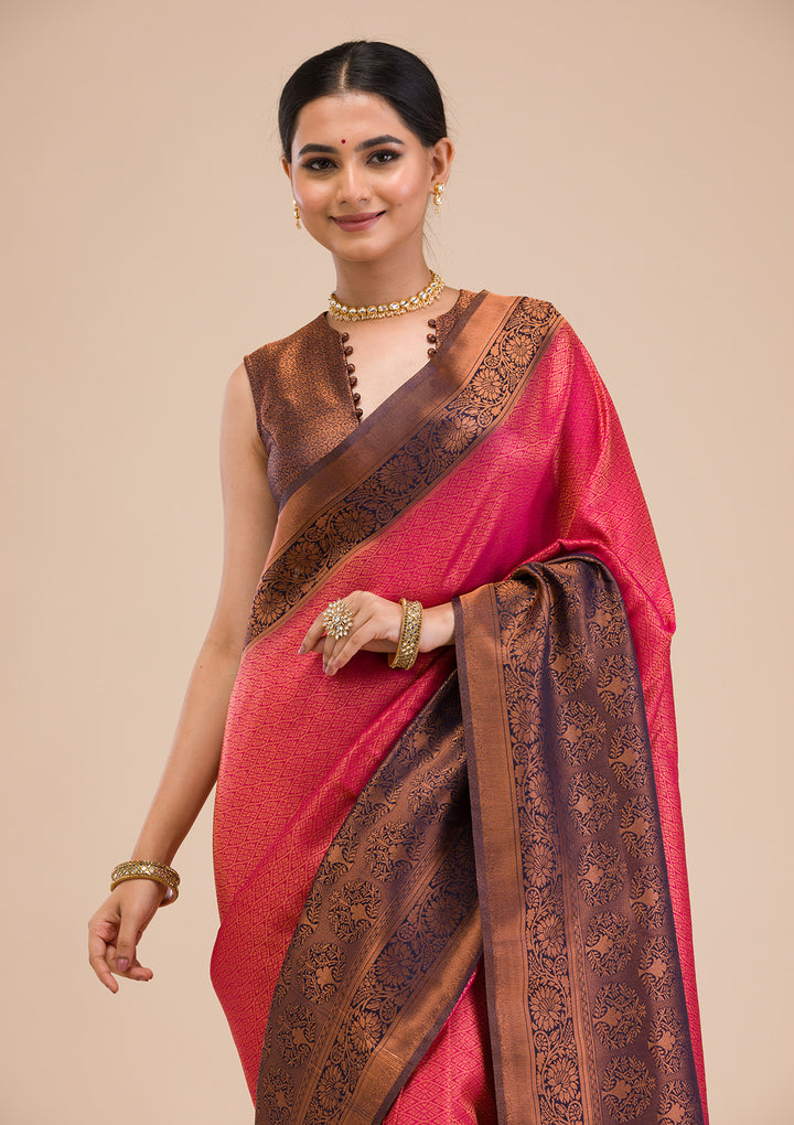 Rani Pink Zariwork Soft Silk Saree