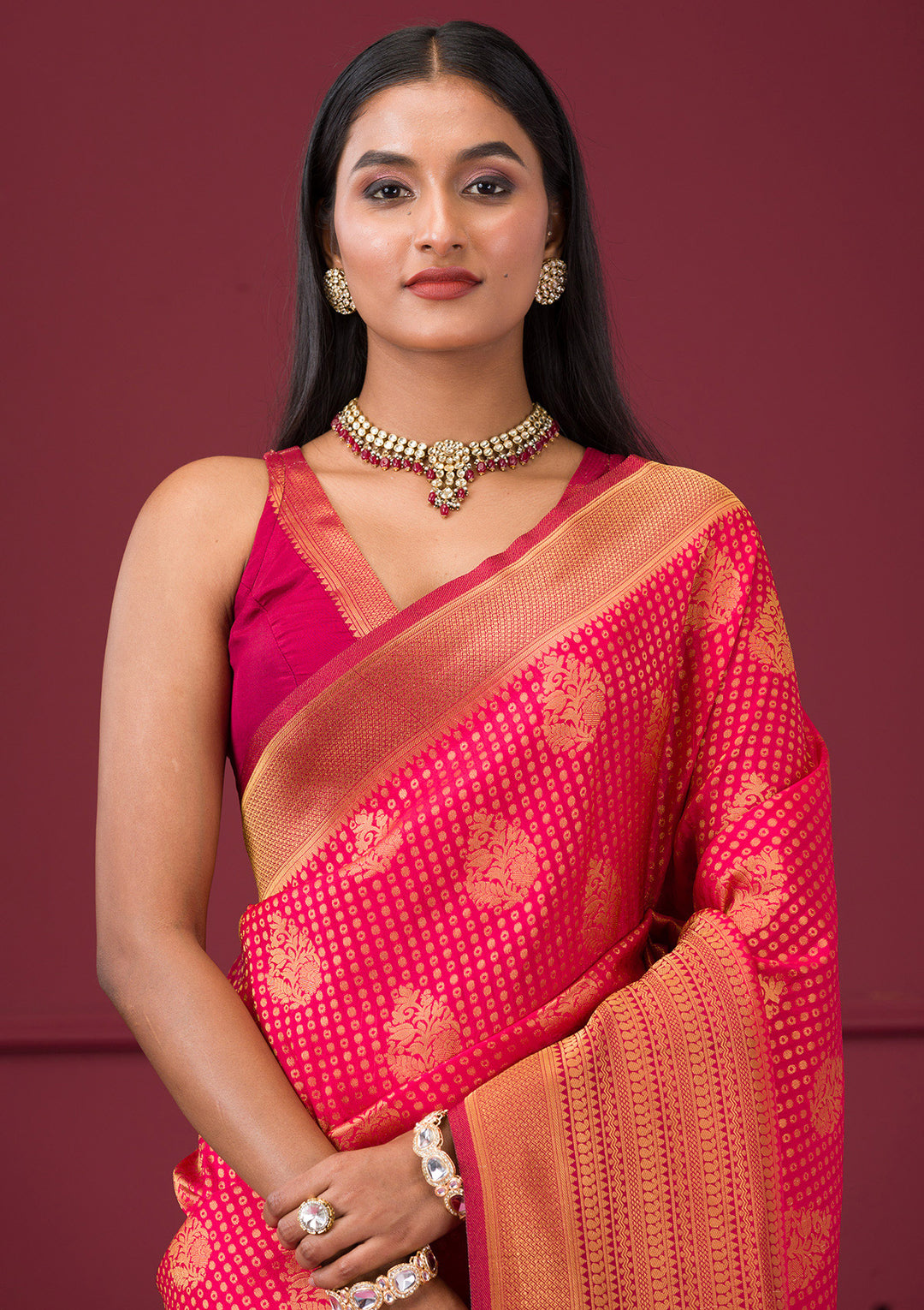 Rani Pink Zariwork Soft Silk Saree