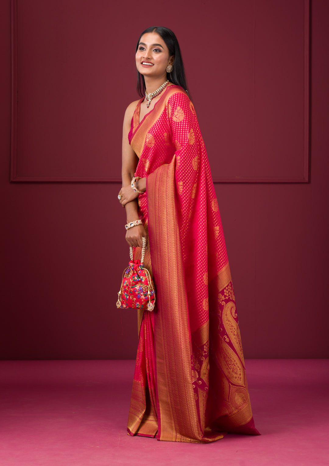Rani Pink Zariwork Soft Silk Saree