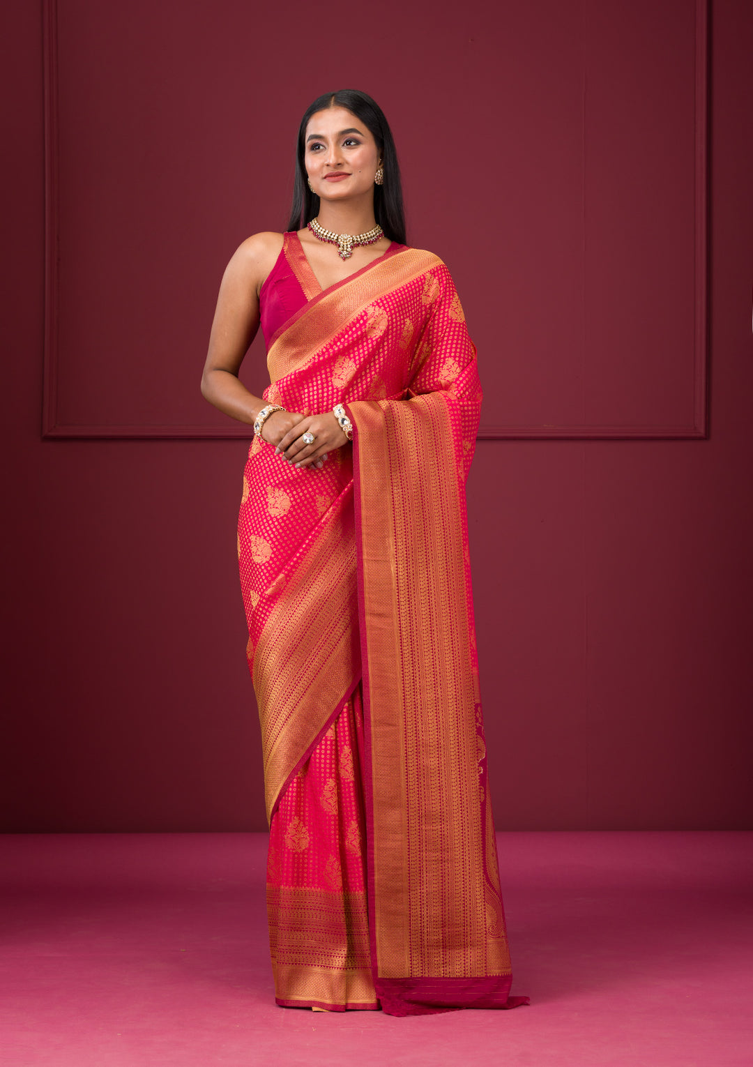 Rani Pink Zariwork Soft Silk Saree