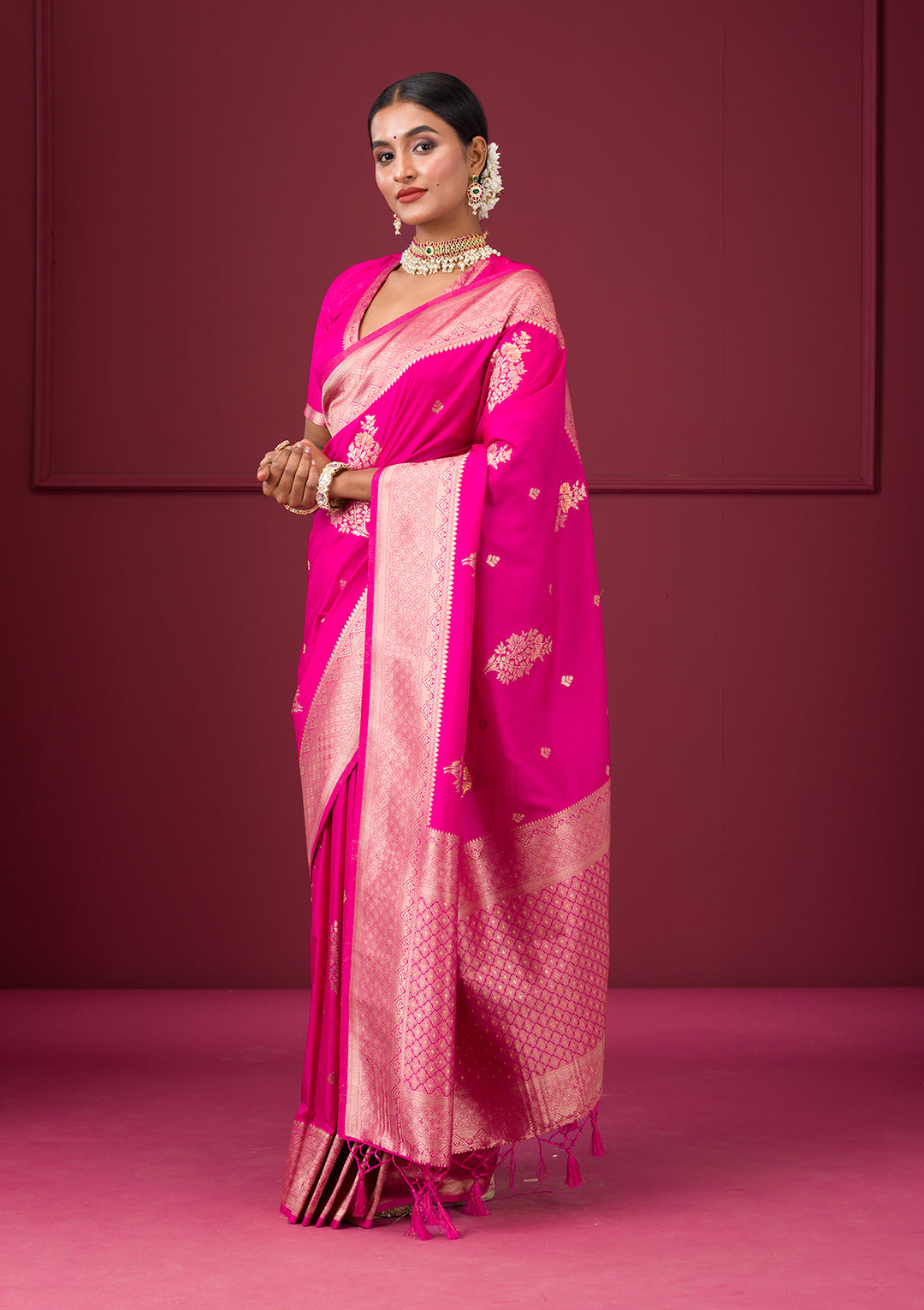 Rani Pink Zariwork Soft Silk Saree