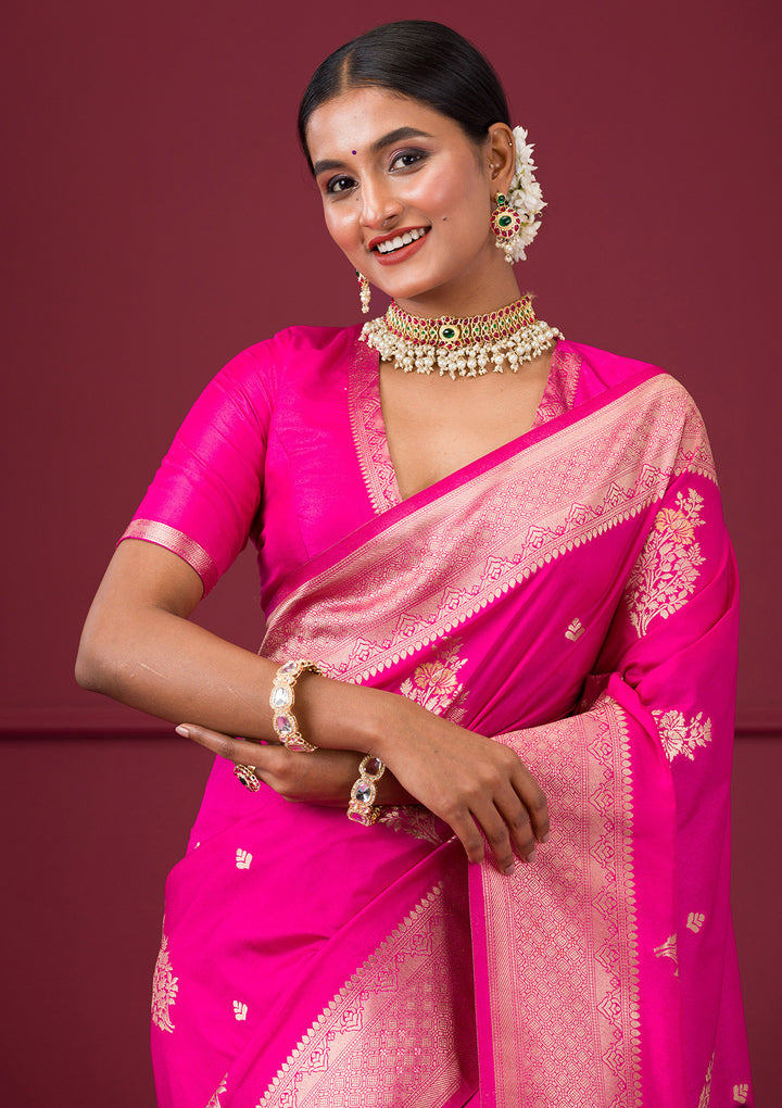 Rani Pink Zariwork Soft Silk Saree