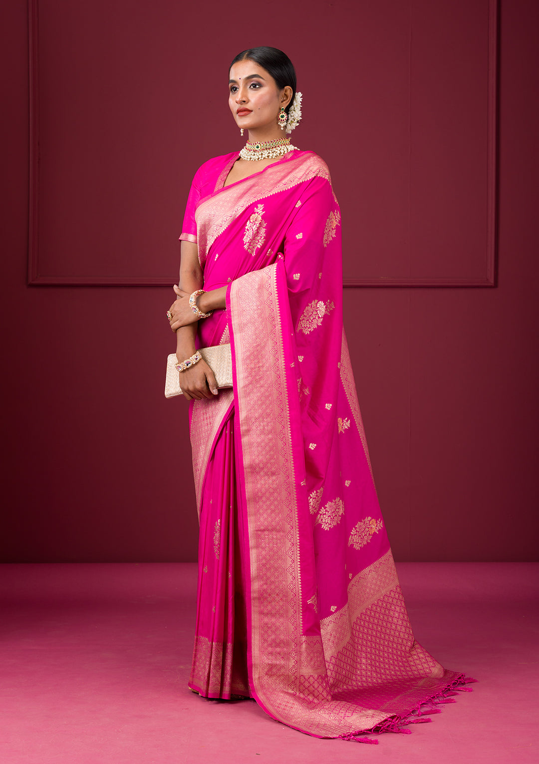 Rani Pink Zariwork Soft Silk Saree