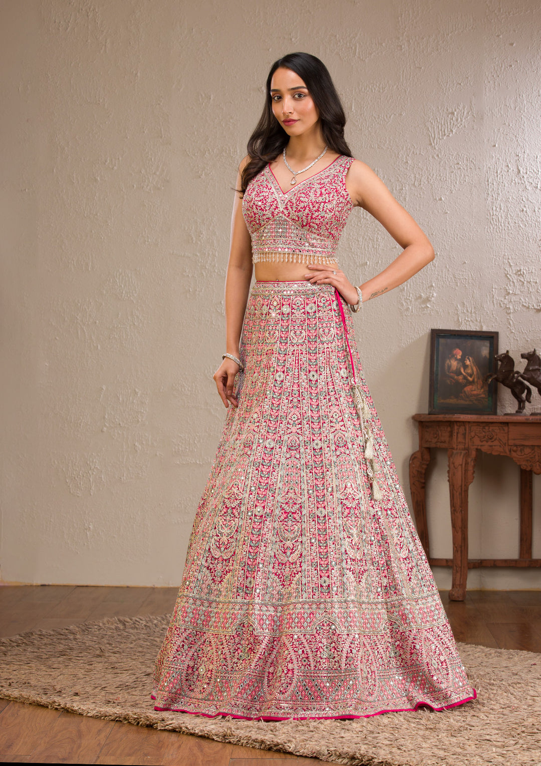 Rani Pink Zariwork Tissue Readymade Lehenga