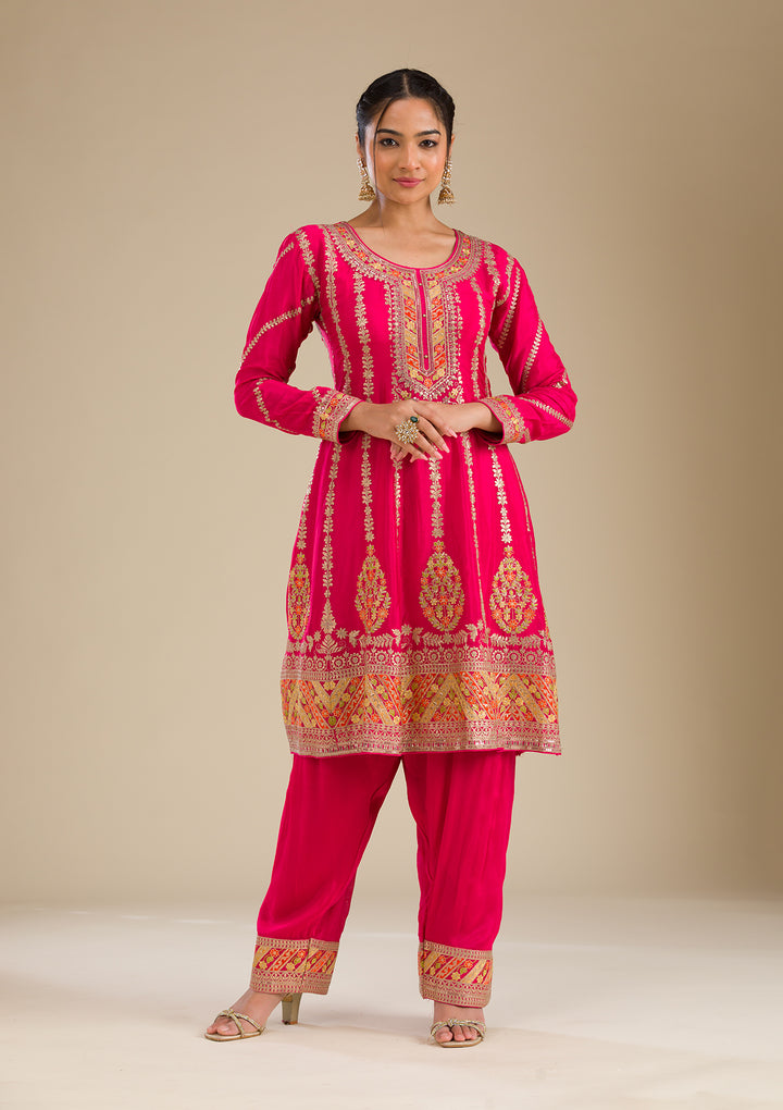 Rani Pink Zariwork Tissue Readymade Salwar Suit