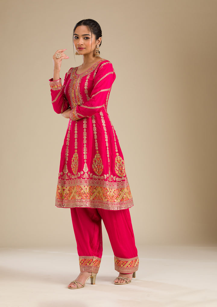 Rani Pink Zariwork Tissue Readymade Salwar Suit