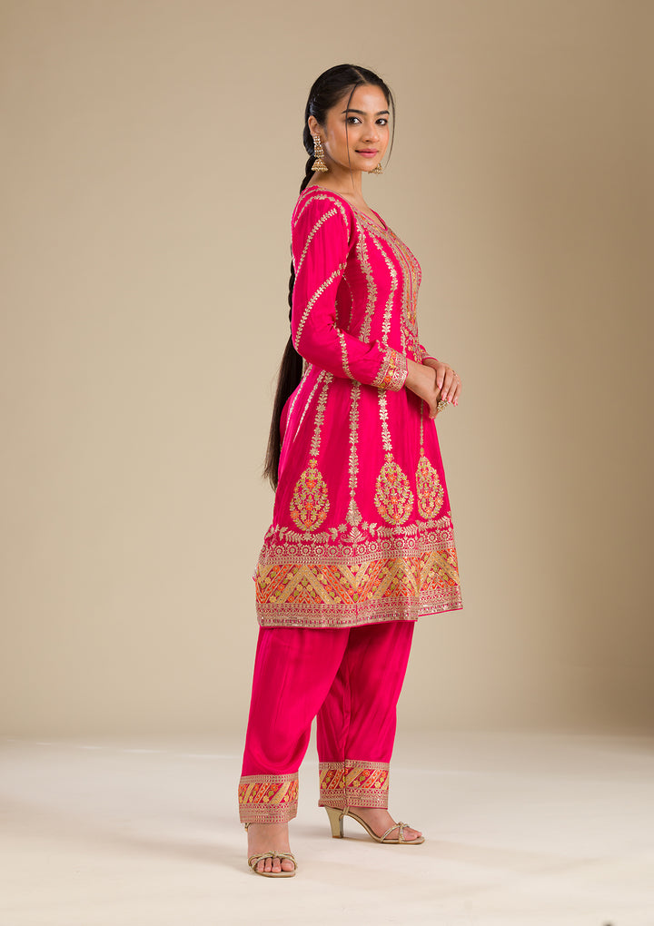 Rani Pink Zariwork Tissue Readymade Salwar Suit