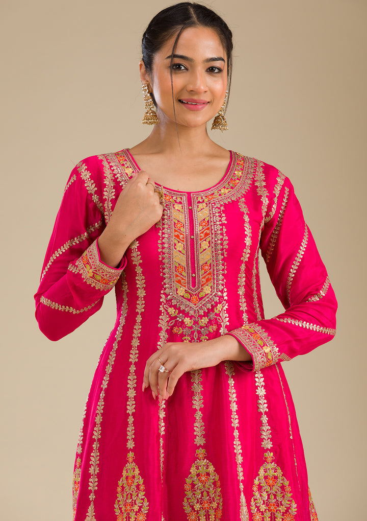Rani Pink Zariwork Tissue Readymade Salwar Suit