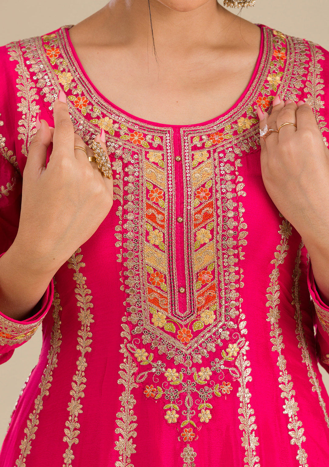 Rani Pink Zariwork Tissue Readymade Salwar Suit