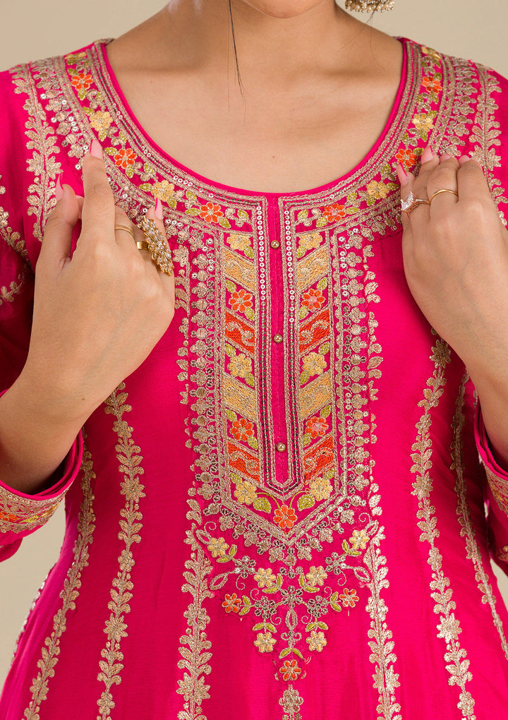 Rani Pink Zariwork Tissue Readymade Salwar Suit