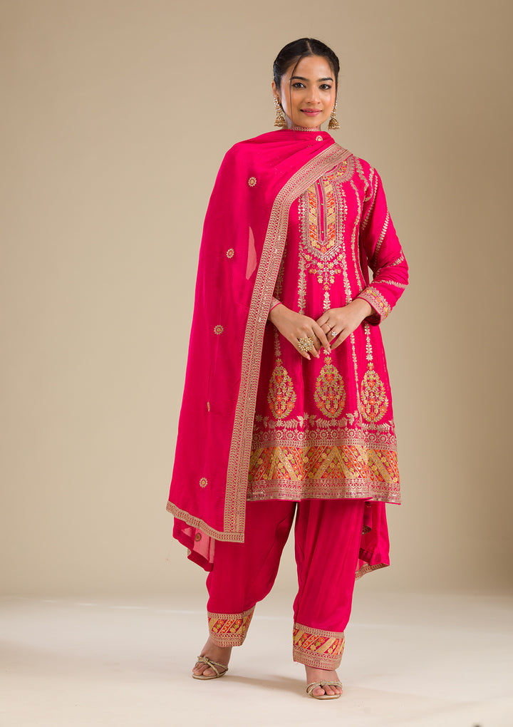 Rani Pink Zariwork Tissue Readymade Salwar Suit