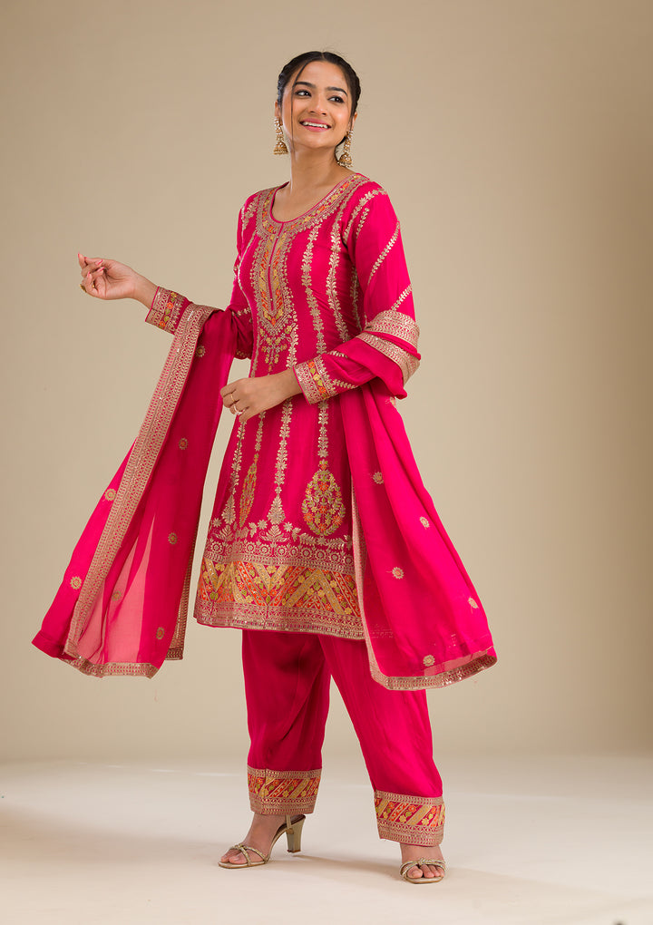 Rani Pink Zariwork Tissue Readymade Salwar Suit