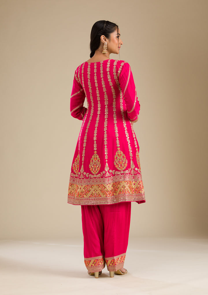 Rani Pink Zariwork Tissue Readymade Salwar Suit