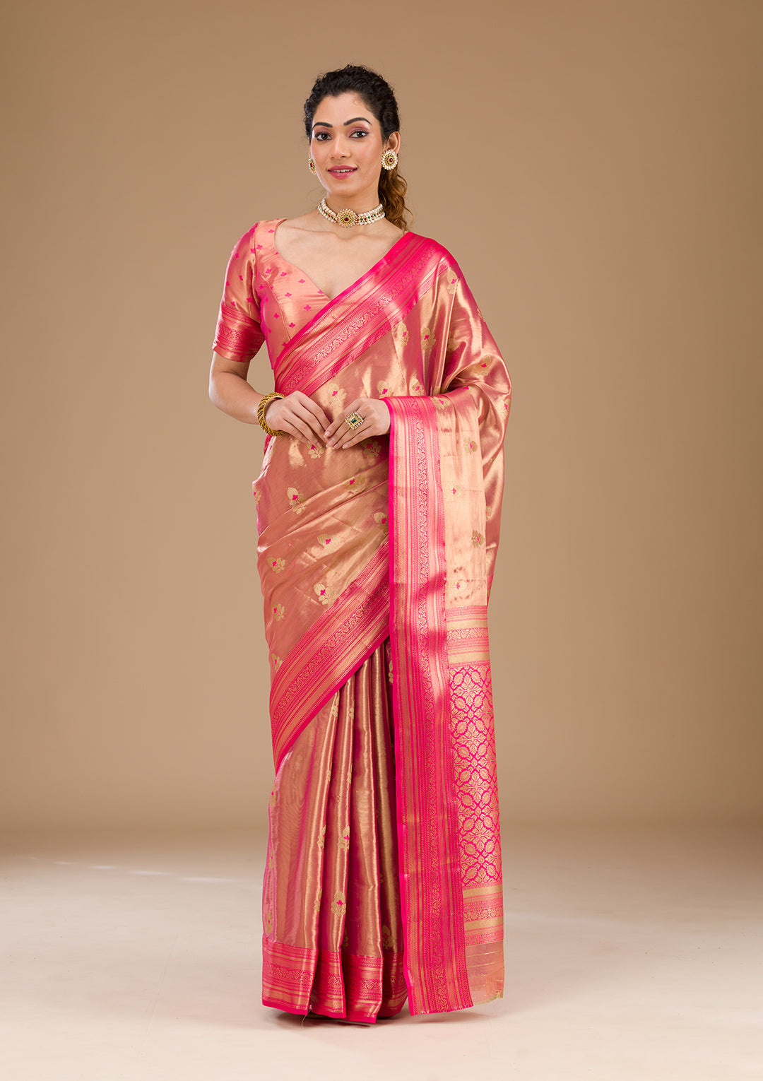Rani Pink Zariwork Tissue Saree-Koskii