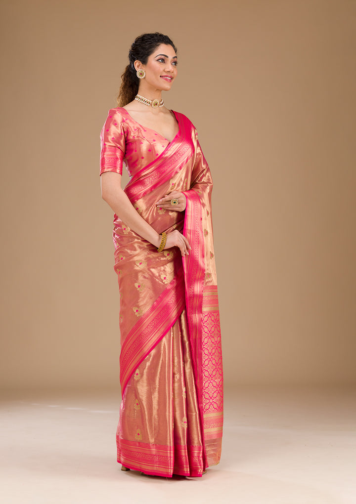 Rani Pink Zariwork Tissue Saree-Koskii