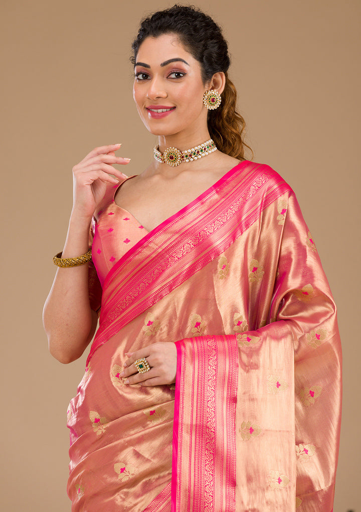 Rani Pink Zariwork Tissue Saree-Koskii