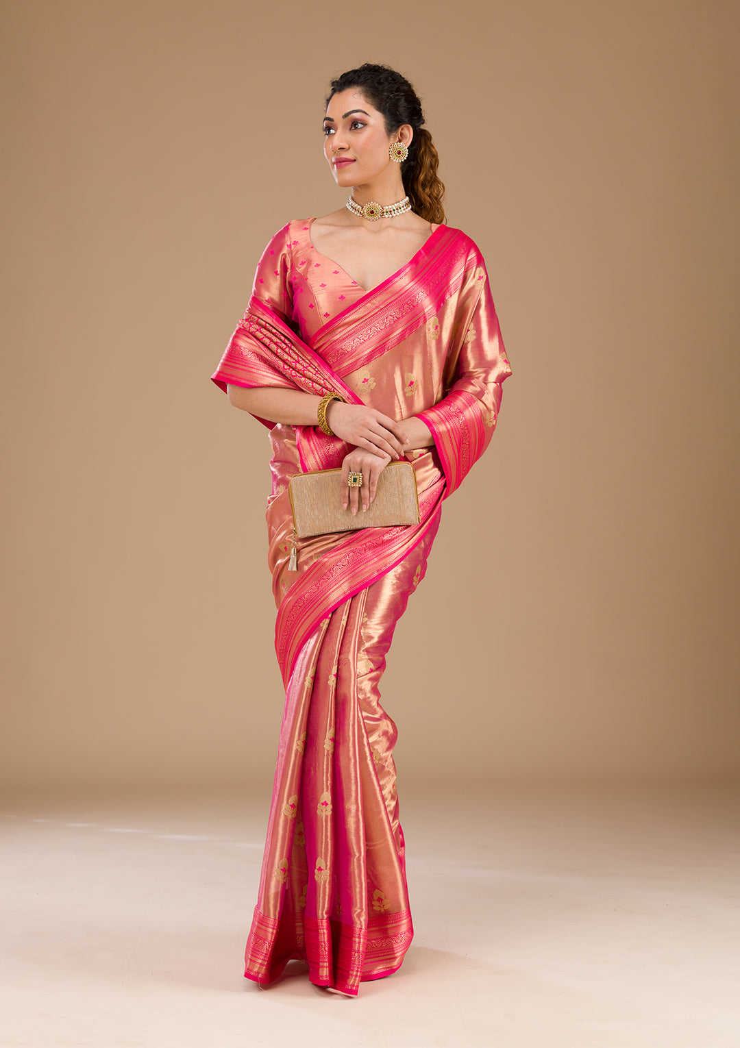 Rani Pink Zariwork Tissue Saree-Koskii